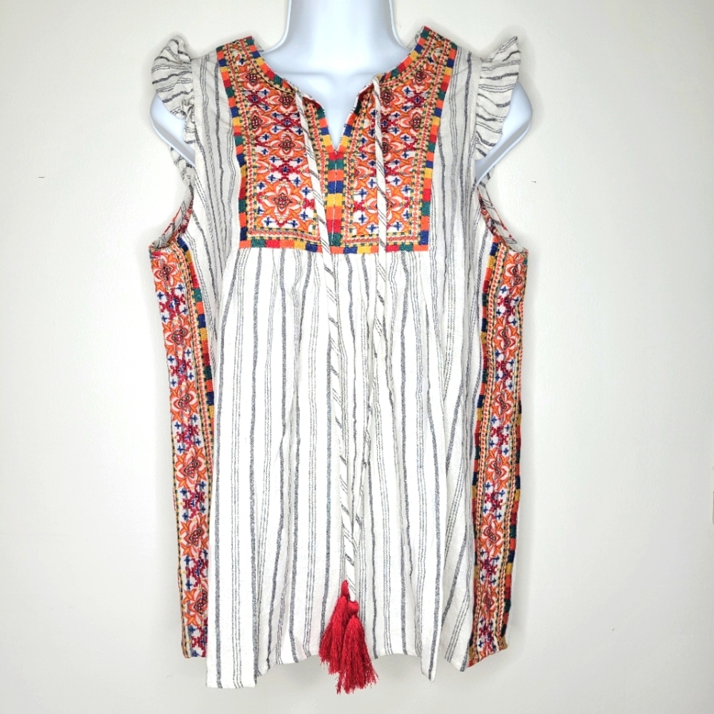 Savanna Jane Boho Sleeveless Embroidered Linen Blend Top sz S